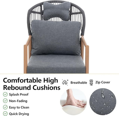 DAYRAUS Living Room Chairs, Accent Chairs Set of 2 with Coffee Table, Rattan Braid Arm Chair, Comfy Reading Lounge Chair, 3 Pieces Living Room Furniture Sets, Bedroom Armchair for Outdoor, Dark Gray