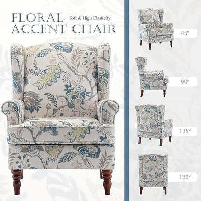 MELLCOM Floral Accent Chair, High Back Upholstered Armchair with Solid Legs, Leisure Single Sofa Chair for Living Room, Bedroom, Home Office, Blue Floral
