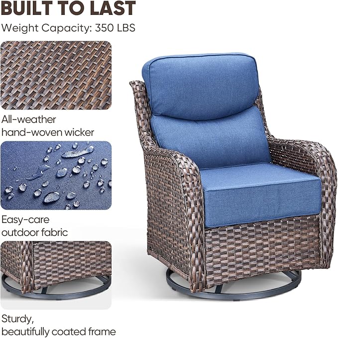 Swivel Patio Chairs Set of 2 with 6" Thick Cushion - Wicker Outdoor Swivel Rocker Patio Chairs, High Back Comfortable Outdoor Glider Chairs - Brown Wicker | Blue Cushion