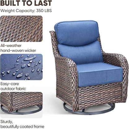 Swivel Patio Chairs Set of 2 with 6" Thick Cushion - Wicker Outdoor Swivel Rocker Patio Chairs, High Back Comfortable Outdoor Glider Chairs - Brown Wicker | Blue Cushion