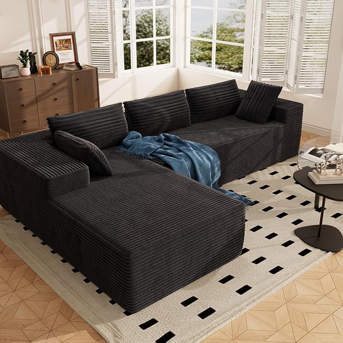 105" Modular Sectional Sofa L Shape for Bedroom, Modular Cloud Sofa with Deep Seat for Living Room, Upholstered Couches No Assembly Required Black, Left Facing Chaise