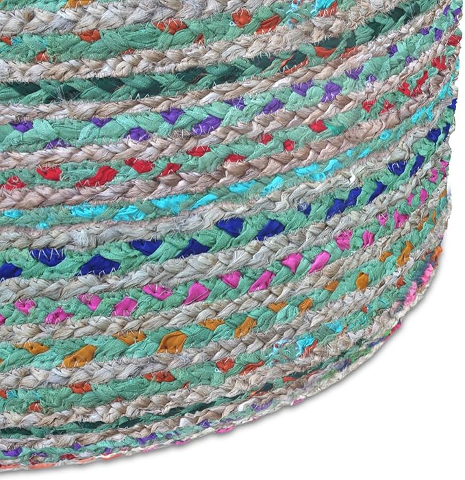 SIMPLIHOME Margo Boho Round Pouf in Green Braided Jute for the Living Room, Bedroom and Kids Room