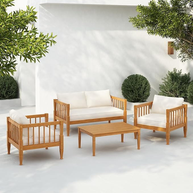 Scott Living Darla 4 Seater Conversation Set, Acacia Wood Loveseat and Club Chairs, Sofa Set with Cushion, Retangular Slats Coffee Table, 4 Piece Outdoor Rustic Acacia Wood Seating Set, Teak+Beige