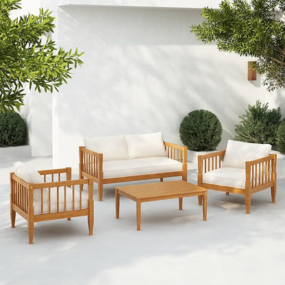 Scott Living Darla 4 Seater Conversation Set, Acacia Wood Loveseat and Club Chairs, Sofa Set with Cushion, Retangular Slats Coffee Table, 4 Piece Outdoor Rustic Acacia Wood Seating Set, Teak+Beige
