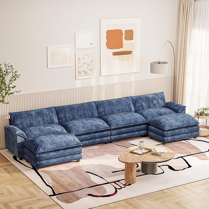 Furniwell Modular Sectional Sofa with Moveable Ottoman, Oversized 3-Seater Couch with Supportive Backrest, Chenille Convertible Sofa Couches for Living Room/Apartment (Blue, U Shaped)