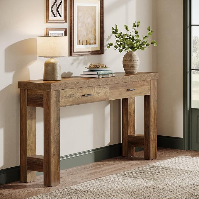 Tribesigns 63" Console Table with 2 Drawers, Farmhouse Entryway Table with H-Shaped Sturdy Legs for Hallway, Living Room, Brown