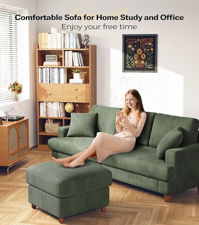 87in Corduroy Couch, Kidirect Sofa No Tool Assembly, Comfy Couches for Living Room 21in Deeper Seats, Corduroy Sofas for Living Room with 2 Pillows, Oversized Loveseat Sofa, Boho Love Seat Green Couch