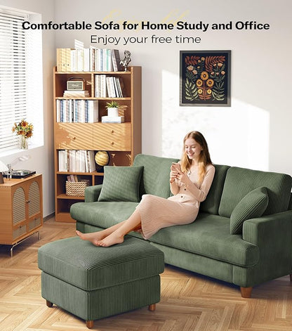 87in Corduroy Couch, Kidirect Sofa No Tool Assembly, Comfy Couches for Living Room 21in Deeper Seats, Corduroy Sofas for Living Room with 2 Pillows, Oversized Loveseat Sofa, Boho Love Seat Green Couch