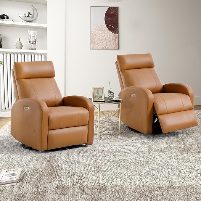 Power Recliner, Faux Leather Swivel Rocker Recliner Chair with USB Port, Electric Swivel Rocking Reclining Chair Glider Recliner for Adults Living Room, Brown