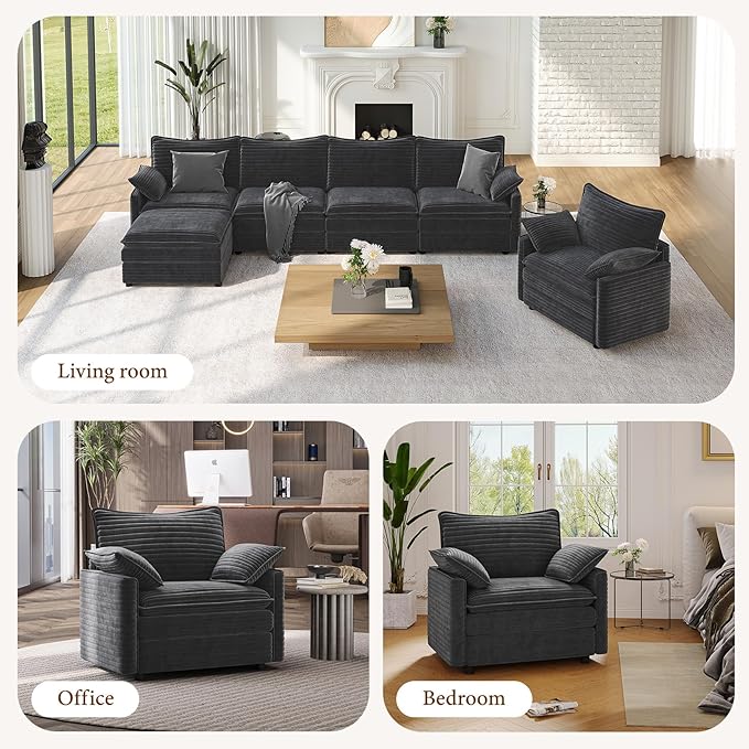 Vesgantti 40" Single Seat Sofa, Comfy Cloud Couch Deep Seat Upholstered Couch Corduroy Modern Sofa with Armrest Pillow, Easy Assembly for Living Room, Bedroom and Apartment, Gray