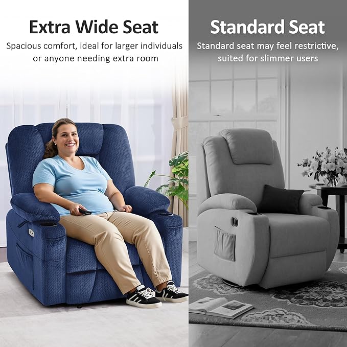 MCombo Oversized Power Lift Recliner Chair Sofa with Massage and Heat for Elderly People Petite, USB Ports, Side Pockets, Fabric R7561 (Navy Blue, Small-Oversize)