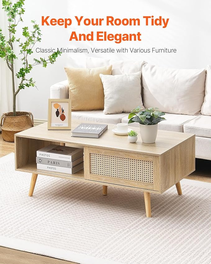 VEVOR Rattan Coffee Table, Mid Century Modern Table, Rectangle Wood Table, 42 Inch Modern Boho Style Two Layers Storage Coffee Table, for Living Room, Bedroom & Small Spaces
