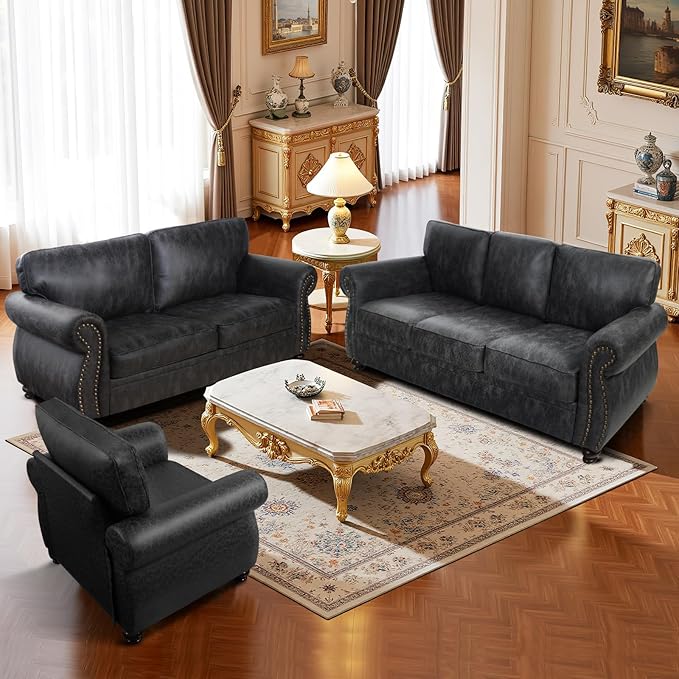 Living Room Furniture Sets,Sofa Sets and Couch Sets for Living Room,Mid-Century Vintage Sofa Couches with Rivet Design (Grey, Single+Loveseat+3 Seater)