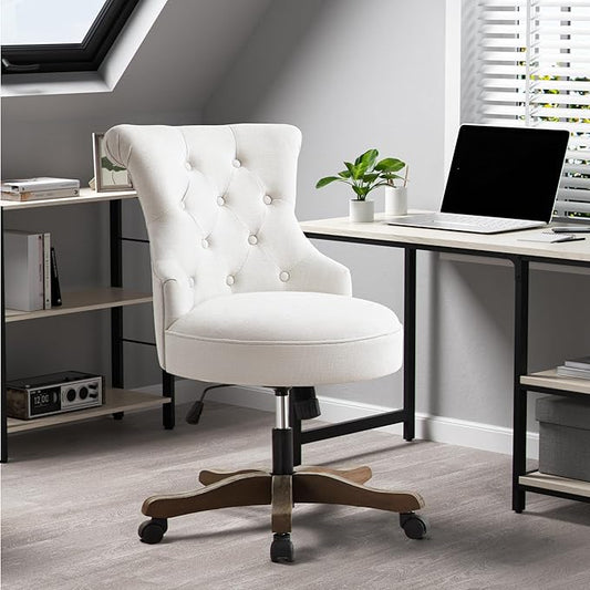 HUIMO Home Office Chair Upholstered Armless Desk Chairs with Wheels Adjustable Height Computer Desk Chair with Wooden Legs Linen Comfortable Swivel for Home Office Study Studio (Beige)