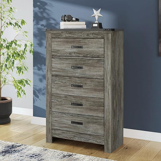Signature Design by Ashley Frandern Vintage 5-Drawer Chest with Easy Glide and Safety Stop for Bedroom, Gray
