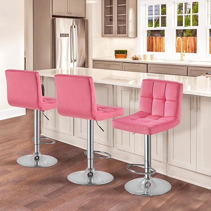 Yaheetech Pink Velvet Bar Stools, Adjustable Barstools Set of 4, Armless Swivel Counter Stools with Thickened Seat Cushion for Kitchen Island, Pink