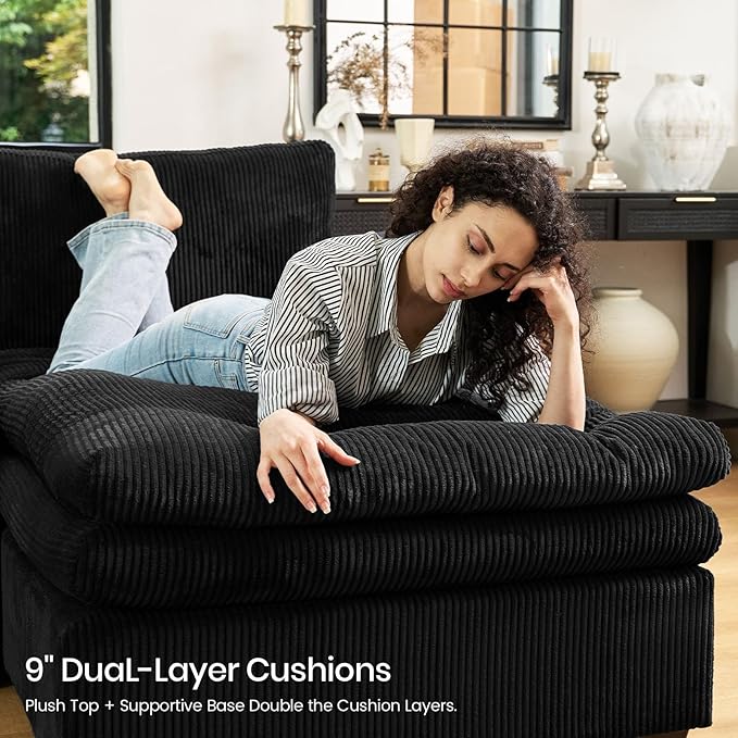Belffin Large Modular Sectional Sofa with Deep Chaise, 104" Corduroy L Shaped Couch with 9" Soft Dual-Layer Seats Cushion for Living Room, Apartment, Black
