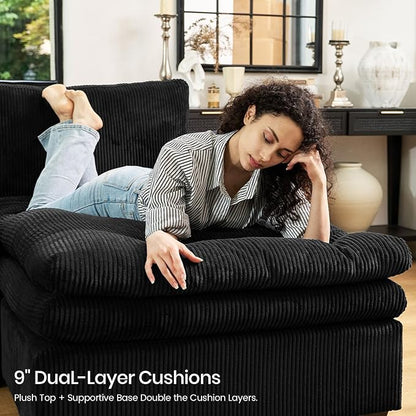 Belffin Large Modular Sectional Sofa with Deep Chaise, 104" Corduroy L Shaped Couch with 9" Soft Dual-Layer Seats Cushion for Living Room, Apartment, Black