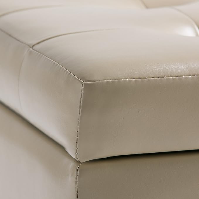 SIMPLIHOME Cosmopolitan Storage Ottoman - 34 inch Wide Upholstered Vegan Leather Rectangle Storage Ottoman Bench in Satin Cream, Transitional Tufted Ottoman for Living Room with Lift-Up Lid