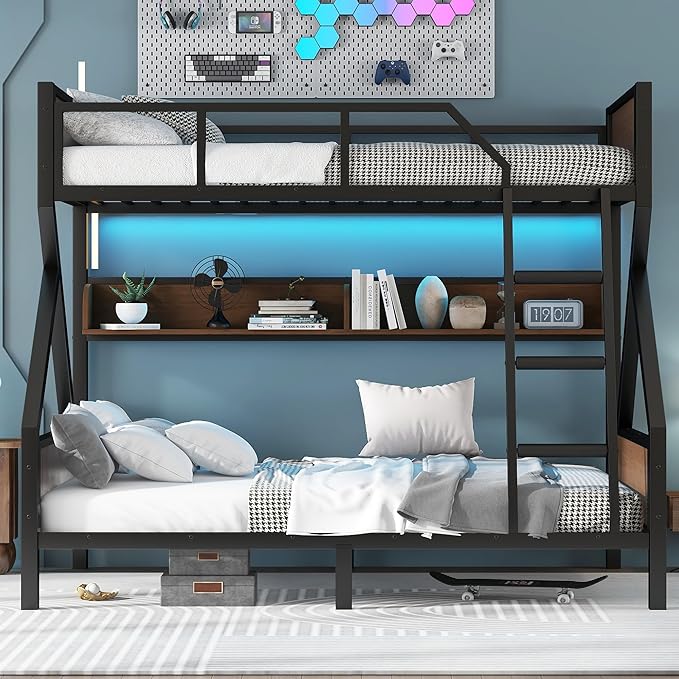 Bellemave Twin Over Full Bunk Bed with Storage Shelf and RGB LED Lights, Adults Bunk Bed with Angle Padded Ladder, Heavy Duty Bunk Beds with Noise-Reducing Rubber Stoppers, Black