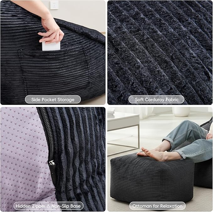 Cloud Bean Bag Chair with Ottoman for Adults, Comfy Corduroy Chaise Lounge Chair with High-Resilience Foam, Oversized Boneless Reading Chair for Bedroom & Living Room (Charcoal)