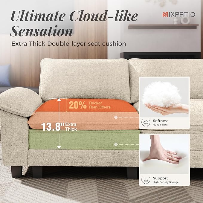 Cloud Couch Sectional Sofa Set, Plush 24.4-Inch Deep 7-Seat Sectional with Velvety Chenille & Removable Arms for Living Room and Apartment, Beige