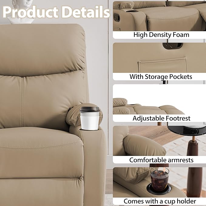 Manual Recliner Sofa Set Anti-Scratch 3 Seats Reclining, Sofa Couches with Side Pocket and Cupholders Wall Hugger Leather Couch for RV Living Room Home Theater Bedroom Apartment