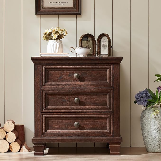 Farmhouse Nightstand with 3 Drawers, Rustic Couch End Table with 4 Square Solid Wood Legs, Mid-Century Modern Bed Side Table with Storage, Small Dresser for Bedroom, Living Room, Walnut