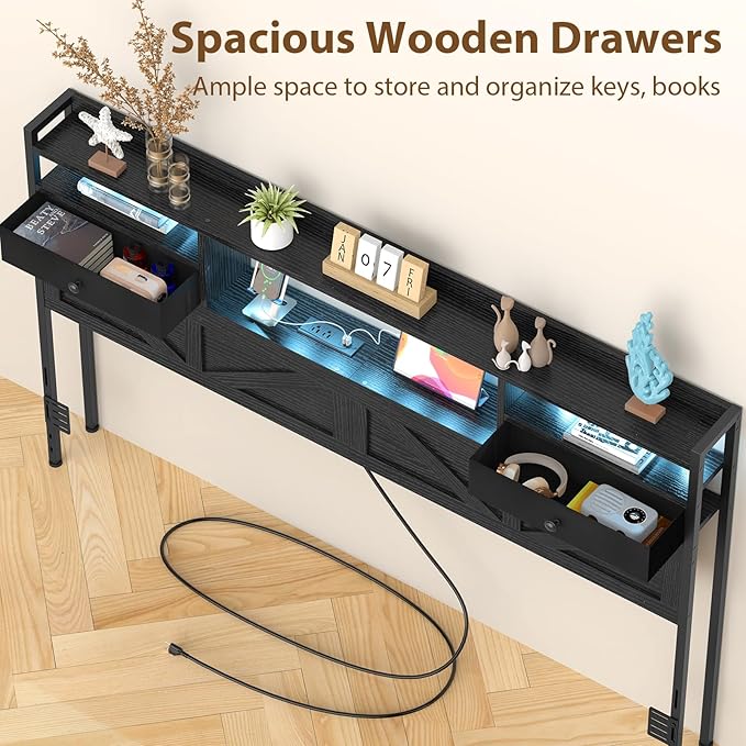 King Size Headboard with Drawers, Outlets & USB Ports,Sturdy Wood Bed Frame with Adjustable Height, Built-in LED Lighting (Black, King 75.2 * 7.08 * 45.7)