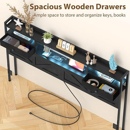 King Size Headboard with Drawers, Outlets & USB Ports,Sturdy Wood Bed Frame with Adjustable Height, Built-in LED Lighting (Black, King 75.2 * 7.08 * 45.7)