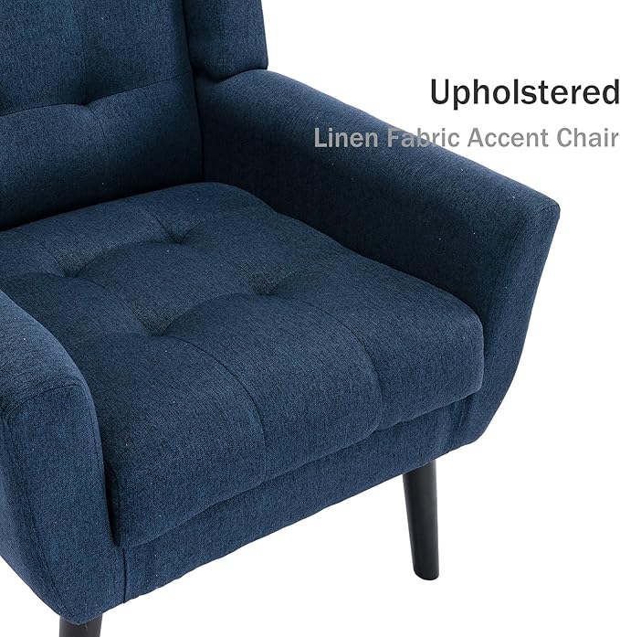 Dolonm Midcentury Modern Accent Chair with Arms, Upholstered Fabric Reading Side Chair Tufted Back Decorative Wingback Chair for Living Room Bedroom (Blue)