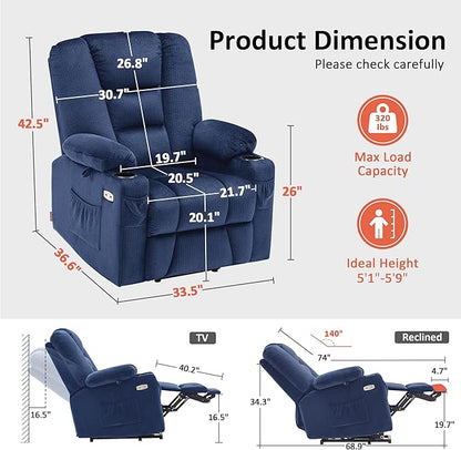 MCombo Power Lift Recliner Chair with Massage and Heat for Elderly People, Cup Holders, USB Ports, Side Pockets, Fabric 7529 (Medium, Navy Blue)