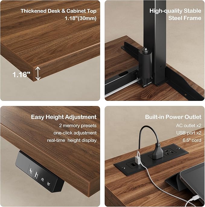 67" Standing Desk with 2 File Cabinets, AC/USB, 1.18" Desktop, L Shaped Height Adjustable Electric Stand Up Desk, Multiple Functions for Home and Office, Black Walnut