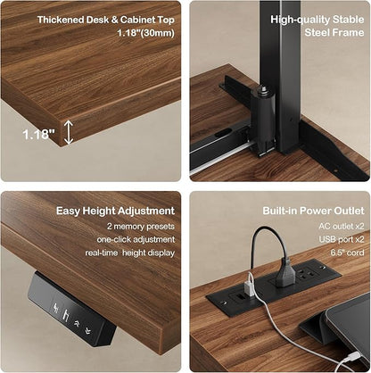 67" Standing Desk with 2 File Cabinets, AC/USB, 1.18" Desktop, L Shaped Height Adjustable Electric Stand Up Desk, Multiple Functions for Home and Office, Black Walnut