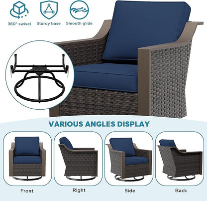 Patio Swivel Chairs Set of 2, Metal Wicker Conversation Furniture Set, Upholstered & 360 Degree Glider Rockers Armchairs, PE Rattan, Metal armrests, Terrace (Navy Blue)