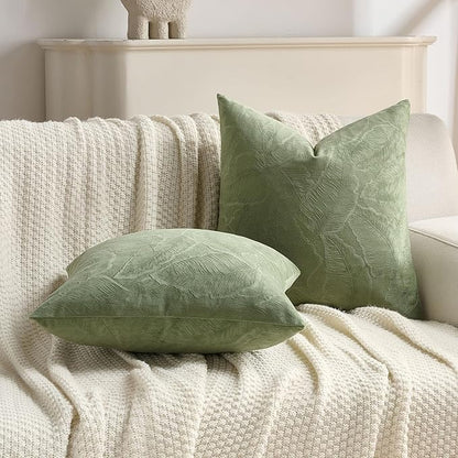 FUTEI Sage Green Velvet Throw Pillow Covers 26x26 Inch Set of 2,Soft Embossed Leaf-Relief Textured Euro Pillow Shams,Natural Home Decor for Couch Living Room