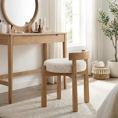 HNY Modern Chenille Vanity Chairs & Ottoman Set of 2 Upholstered Round Seat with Solid Wood Legs, for Makeup Dressing, Living Room Footrest or Piano Bench, Beige