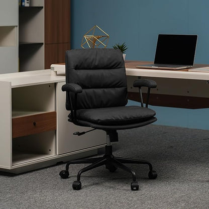 Black PU Leather Office Chair with Wheels, Adjustable Swivel Chair for Home and Office, Lumbar Support, Removable Armrests, Small Spaces
