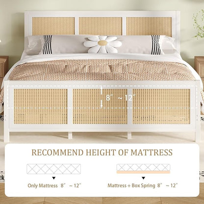 Boho Bed Frame Full, Rattan Full Bed Frames with Headboard, Metal Platform Bed Frame Full Size with Strong Slats Support, No Box Spring Needed, Noise Free, Easy Assembly, White
