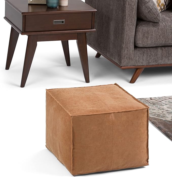 SIMPLIHOME Brody 18-inch Wide Square Pouf in Distressed Brown Vegan Faux Leather, Boho-Style Ottoman, Footstool or Extra Seating for Living Room, Assembled