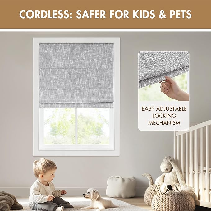 Madison Park Cordless Roman Shades, Total Blackout Window Blind Privacy Window Shades, Thermal Insulated Cordless Window Treatment for Bedroom, Living Room, Quincy, Single Panel 27"W x 64"H Light Grey