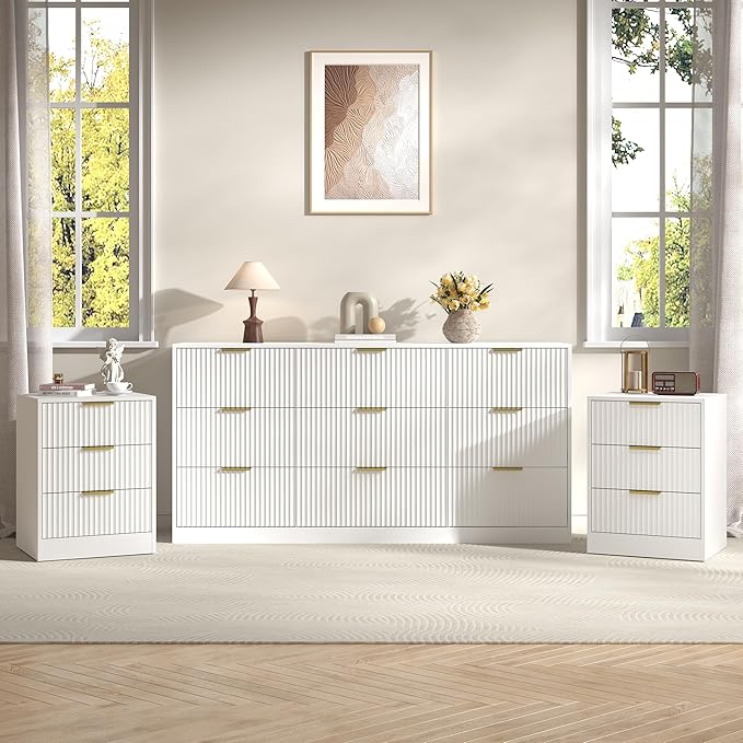 3-Piece Modern Bedroom Furniture Set, Wide 9-Drawer Dresser & 3-Drawer Nightstands Set of 2, Natural Wood Dresser and Nightstand Sets for Bedroom, Hallway, White