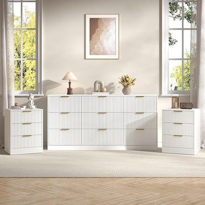 3-Piece Modern Bedroom Furniture Set, Wide 9-Drawer Dresser & 3-Drawer Nightstands Set of 2, Natural Wood Dresser and Nightstand Sets for Bedroom, Hallway, White