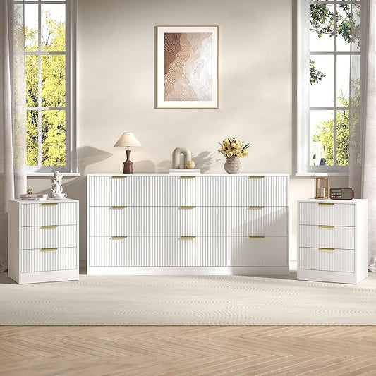 3-Piece Modern Bedroom Furniture Set, Wide 9-Drawer Dresser & 3-Drawer Nightstands Set of 2, Natural Wood Dresser and Nightstand Sets for Bedroom, Hallway, White
