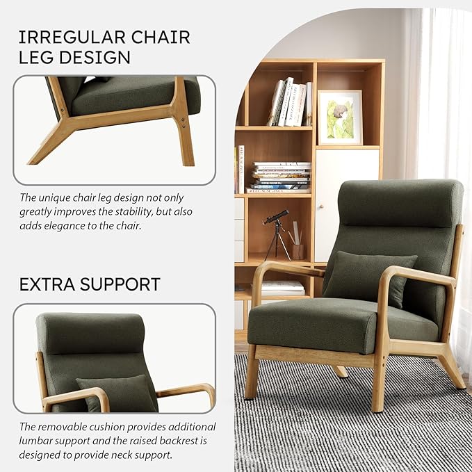 Accent Chair Mid Century Modern Chair Linen Fabric Living Room Chairs with Solid Wood Frame Comfy Upholstered and Lumbar Pillow Reading Side Chair Easy Assembly for Bedroom (2, Green)