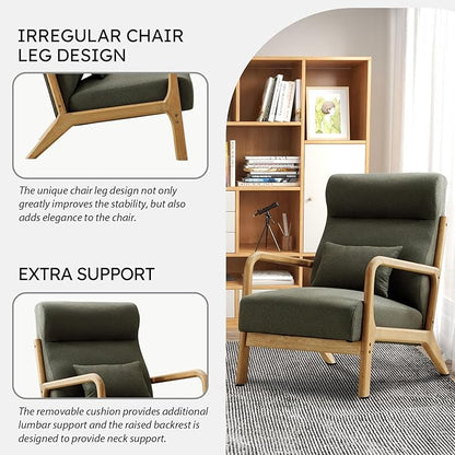 Accent Chair Mid Century Modern Chair Linen Fabric Living Room Chairs with Solid Wood Frame Comfy Upholstered and Lumbar Pillow Reading Side Chair Easy Assembly for Bedroom (2, Green)