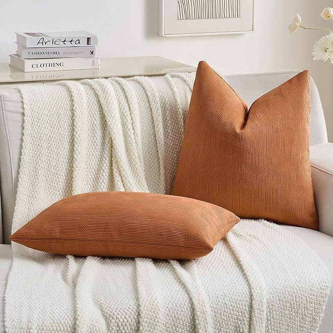 FUTEI Burnt Orange Chenille Decorative Throw Pillow Covers 26x26 Inch Set of 2,Soft Cozy Striped Geometric Patterns Euro Pillow Sham,Modern Home Decor for Couch Bed Living Room