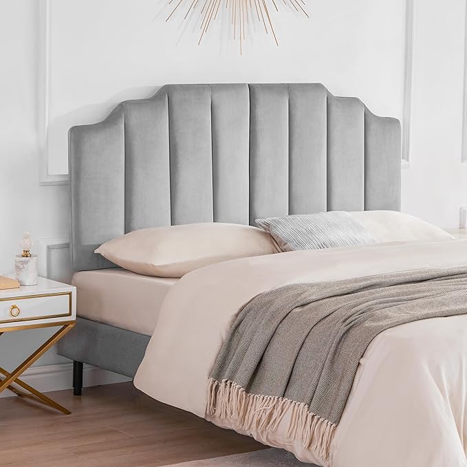Velvet Upholstered Headboard Queen, Tufted Headboard, Elegantly Curved headboard only, Soft Padded headboards Queen Size, Modern Vertical Channel Design Head Board, Soft Grey