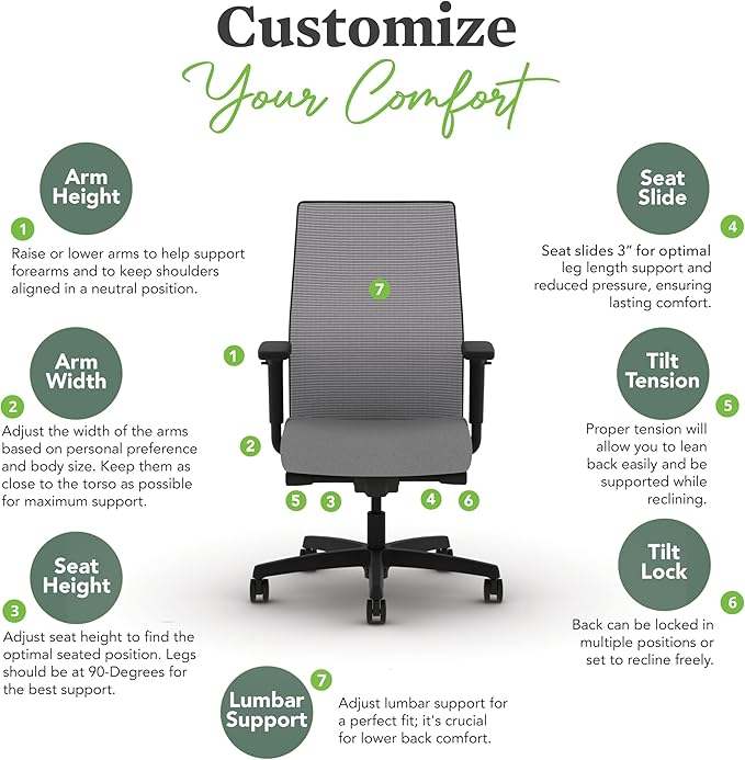 HON Ignition 2.0 Mid Back Task Chair, Advanced Synchro-Tilt Control, Office Chair with Lumbar Support, Height and Width Adjustable Arms, Black Frame, Frost