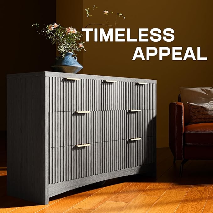 Marsail Fluted 7-Drawer Wide Wooden Dresser, Smooth Gliding Drawers & Large Capacity Storage Space, Modern Organizer Cabinet for Bedroom or Hallway, Light Grey